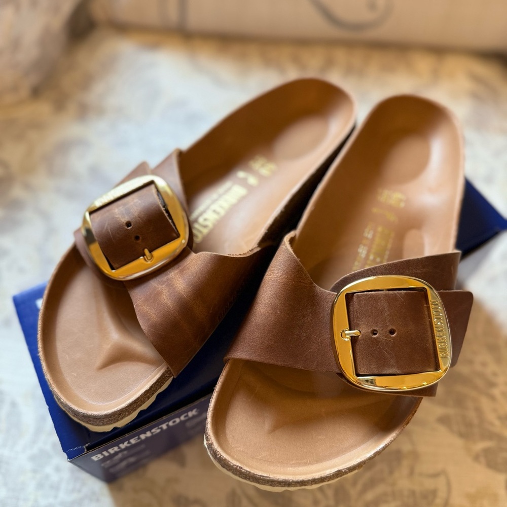 BIRKENSTOCK (Like New) Cognac Brown Leather Madrid Sandals with Large Buckle